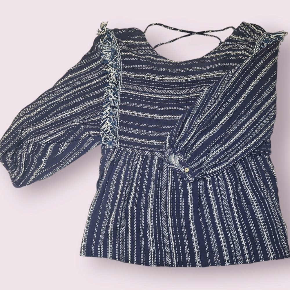 Blue Rain Womens Striped Woven Tweed Strappy Back Peasant Top Blue White Medium